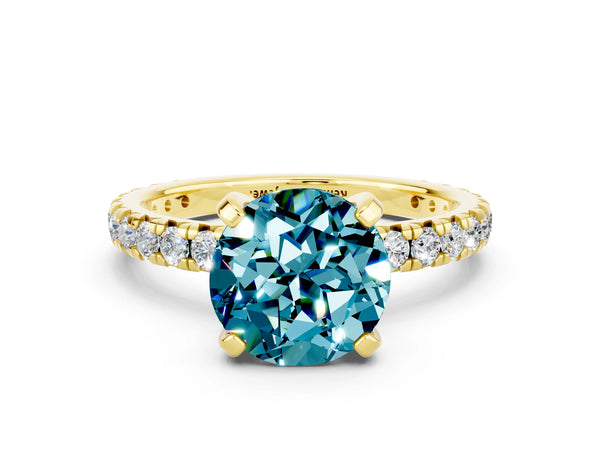 Yellow gold Round Cut Blue Topaz Pavé Solitaire Ring with Round Band and Prong Setting