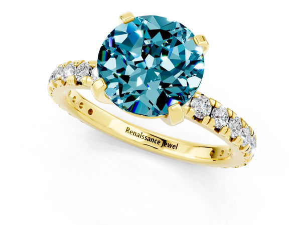 Yellow gold Round Cut Blue Topaz Pavé Solitaire Ring with Round Band and Prong Setting