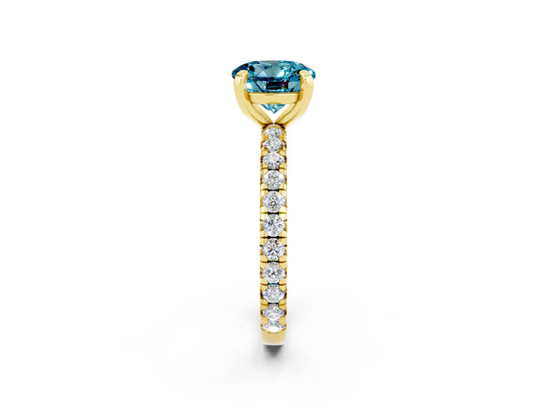 Yellow gold Round Cut Blue Topaz Pavé Solitaire Ring with Round Band and Prong Setting