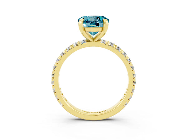 Yellow gold Round Cut Blue Topaz Pavé Solitaire Ring with Round Band and Prong Setting