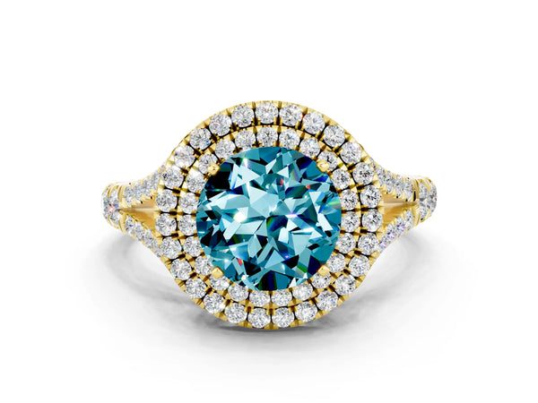 Yellow gold Round Cut Blue Topaz Pavé Split Shank Double Halo Engagement Ring
