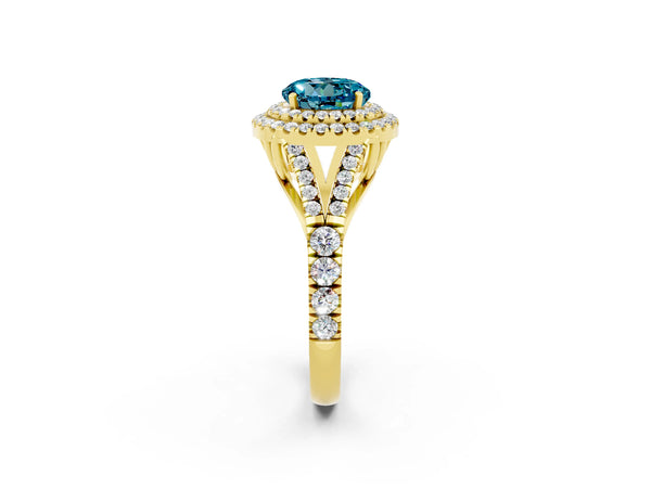 Yellow gold Round Cut Blue Topaz Pavé Split Shank Double Halo Engagement Ring