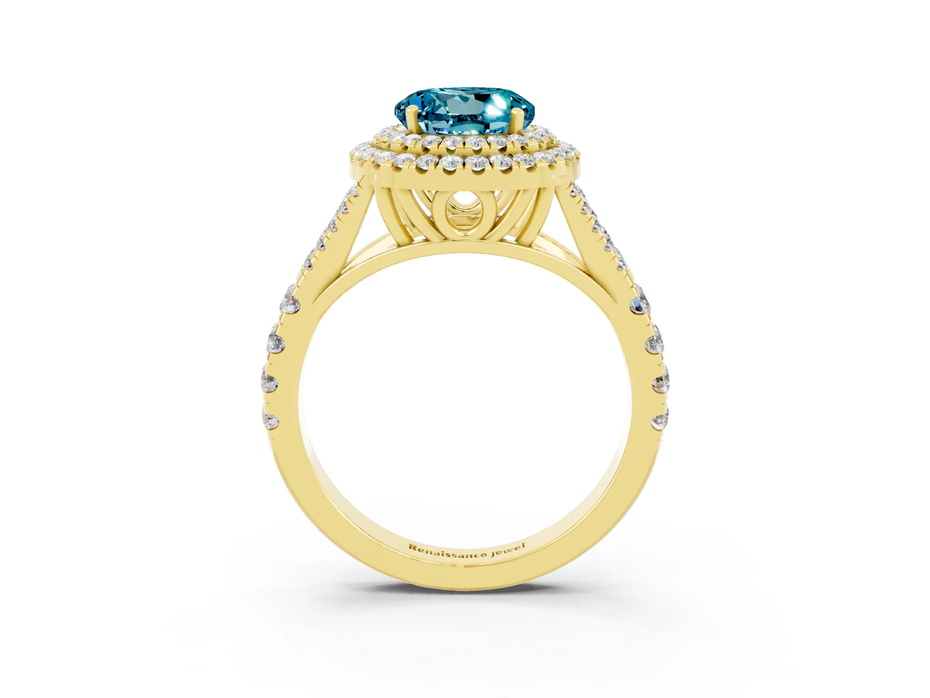 Yellow gold Round Cut Blue Topaz Pavé Split Shank Double Halo Engagement Ring_3