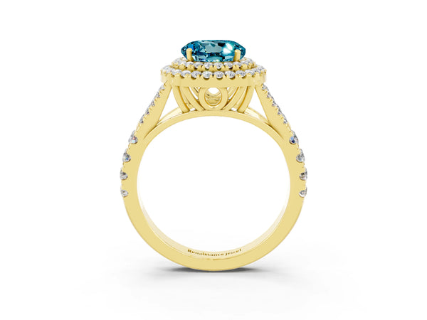 Yellow gold Round Cut Blue Topaz Pavé Split Shank Double Halo Engagement Ring
