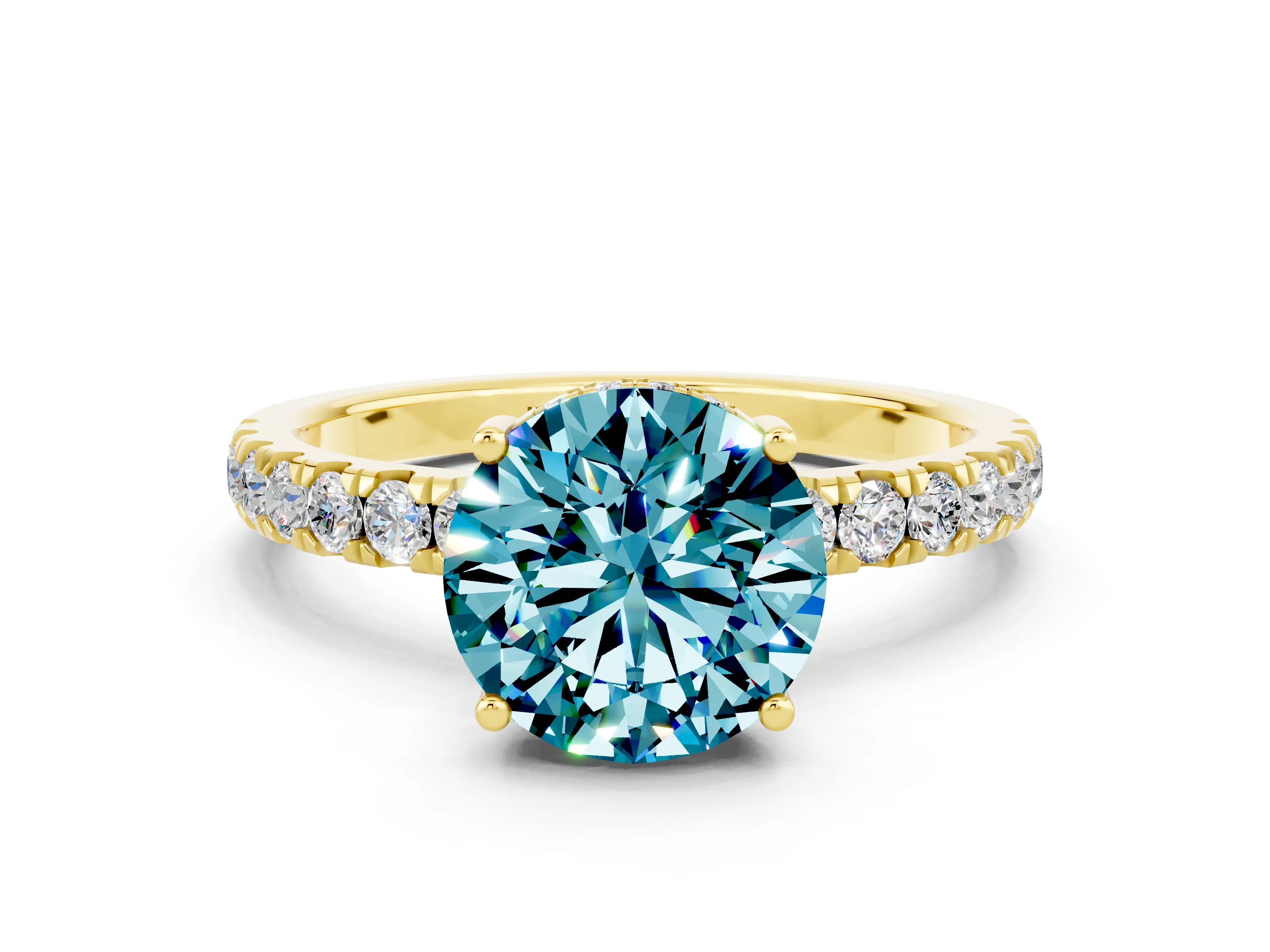 Yellow gold Round Cut Blue Topaz Pave Band Solitaire Ring with Four-Prong Setting_36