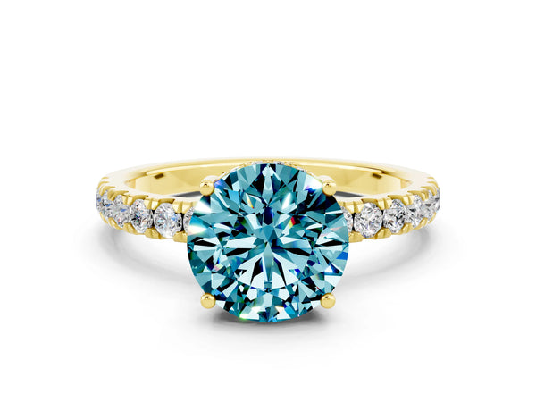 Yellow gold Round Cut Blue Topaz Pave Band Solitaire Ring with Round  and Prong Setting