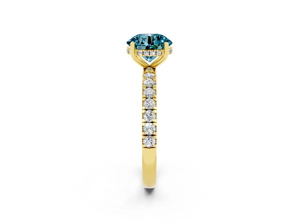 Yellow gold Round Cut Blue Topaz Pave Band Solitaire Ring with Round  and Prong Setting
