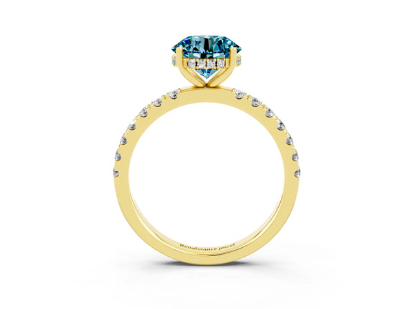 Yellow gold Round Cut Blue Topaz Pave Band Solitaire Ring with Round  and Prong Setting