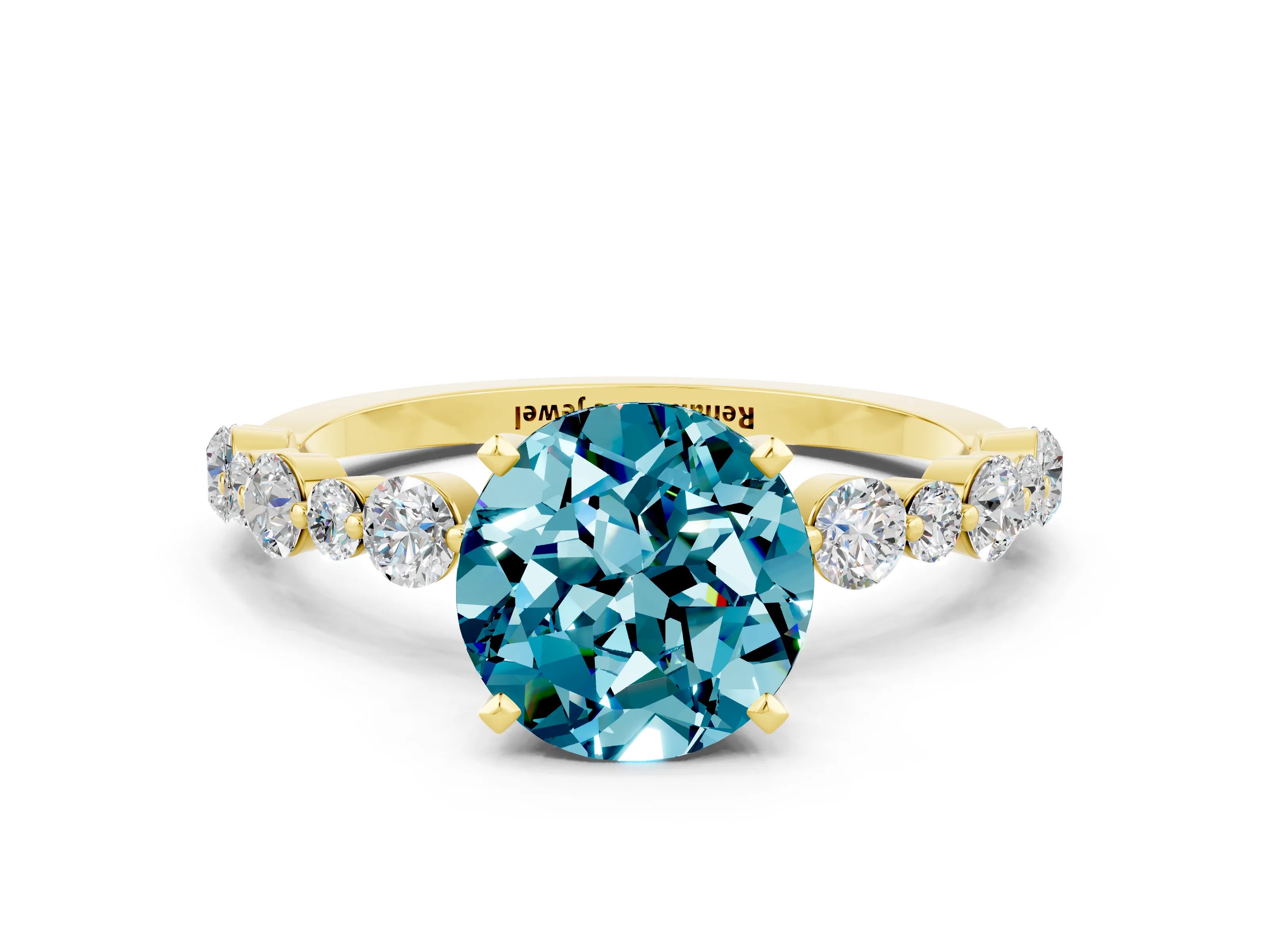 Yellow gold Round Cut Blue Topaz Prong Set Engagement Ring with Pavé Band