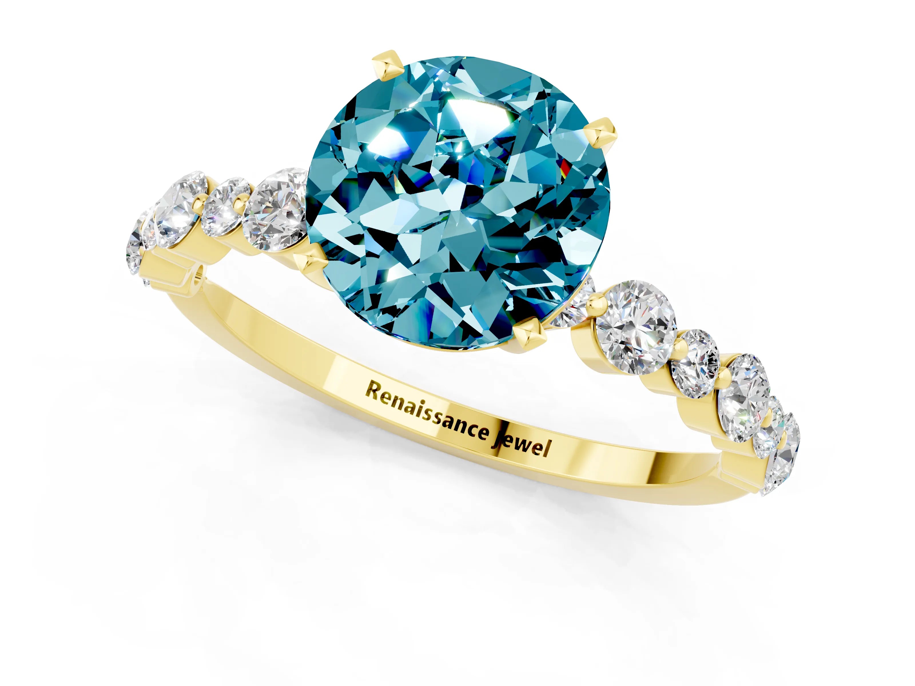 Yellow gold Round Cut Blue Topaz Prong Set Engagement Ring with Pavé Band_1