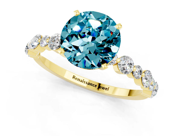 Yellow gold Round Cut Blue Topaz Prong Set Engagement Ring with Pavé Band