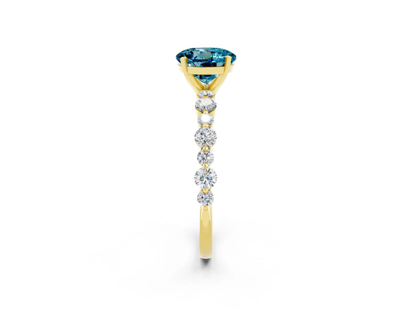 Yellow gold Round Cut Blue Topaz Prong Set Engagement Ring with Pavé Band