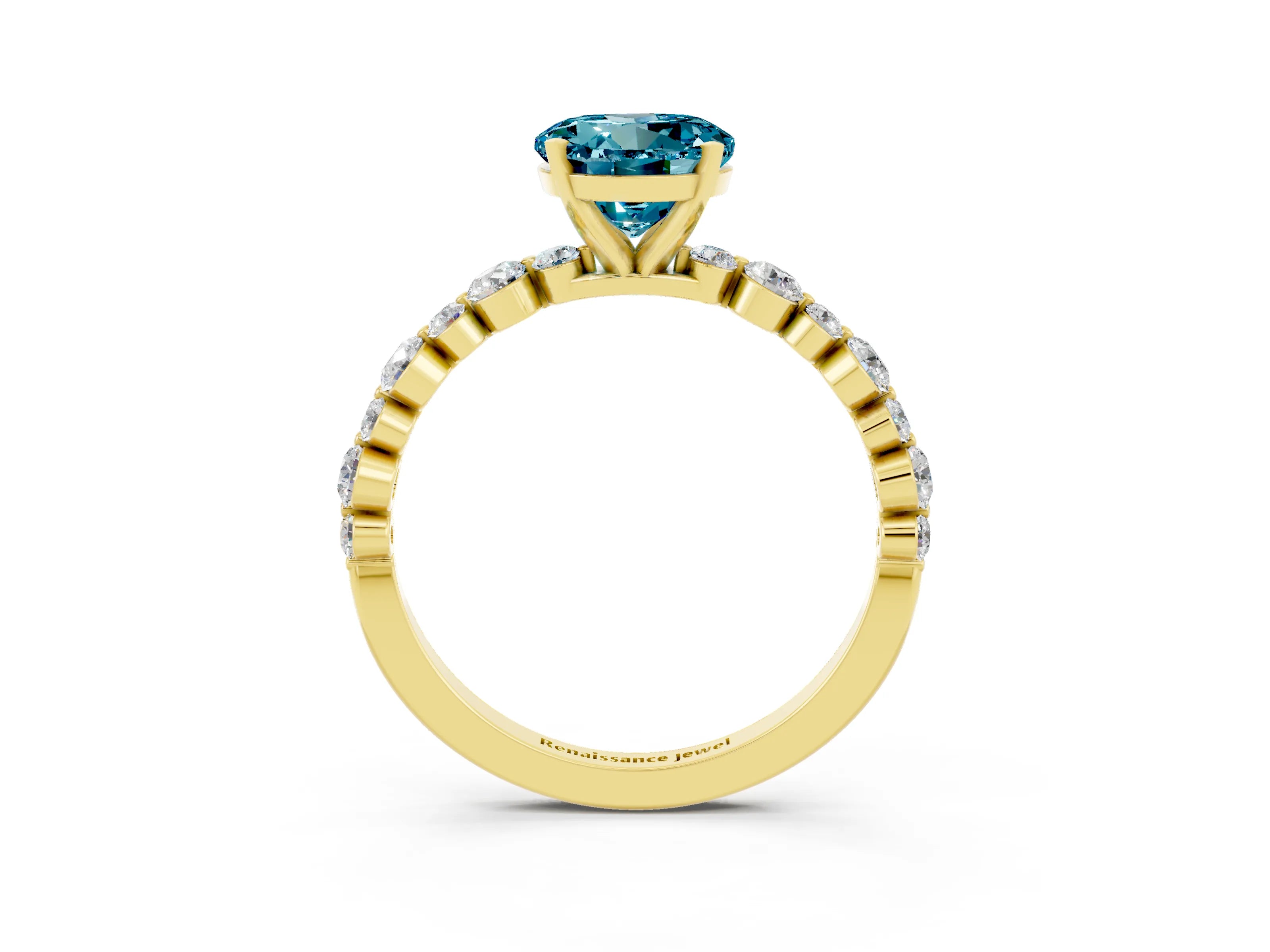Yellow gold Round Cut Blue Topaz Prong Set Engagement Ring with Pavé Band_3