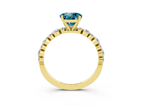 Yellow gold Round Cut Blue Topaz Prong Set Engagement Ring with Pavé Band
