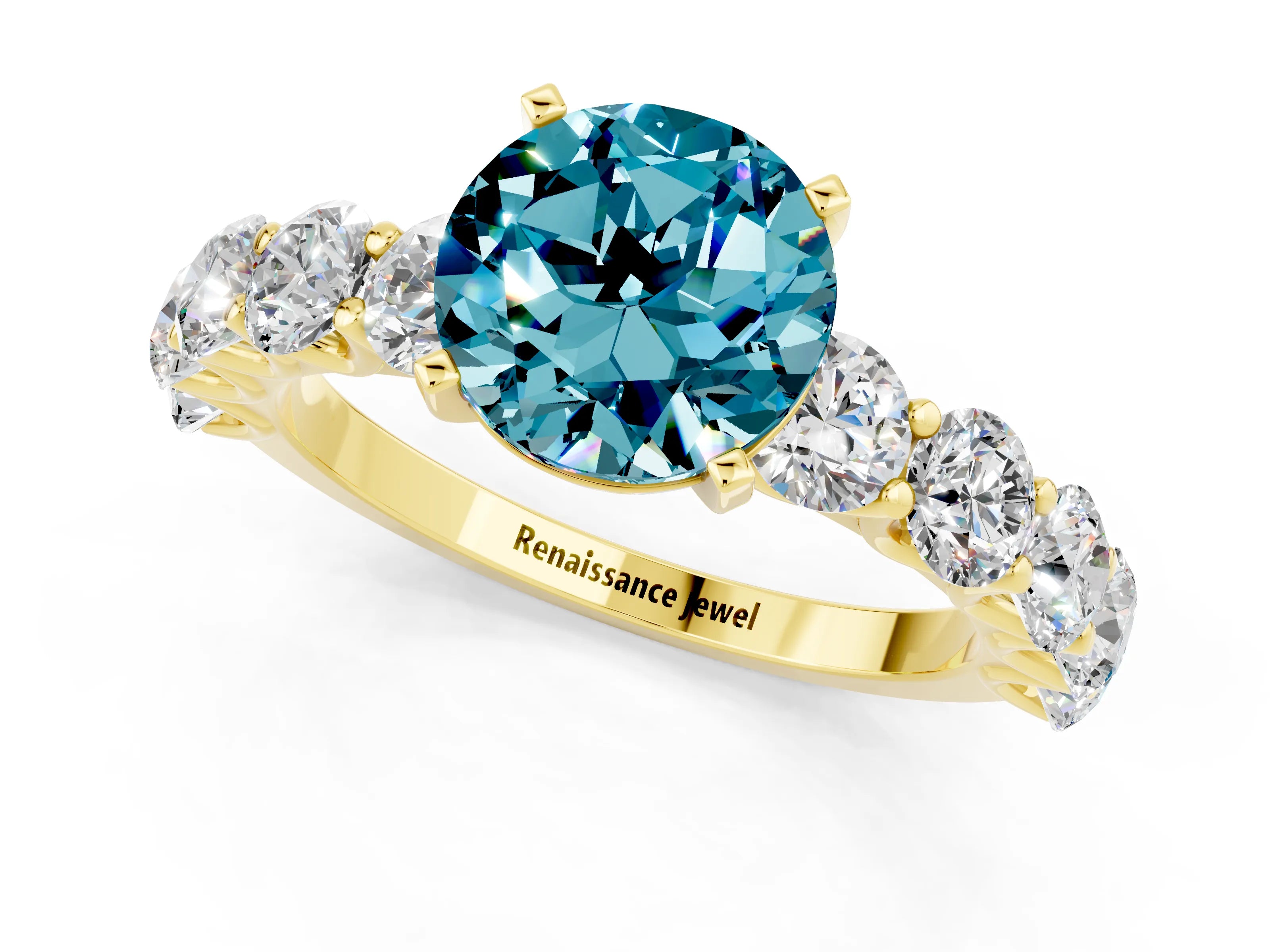 Yellow gold Round Cut Blue Topaz Prong Setting with Side Stones on a Pave Band_1