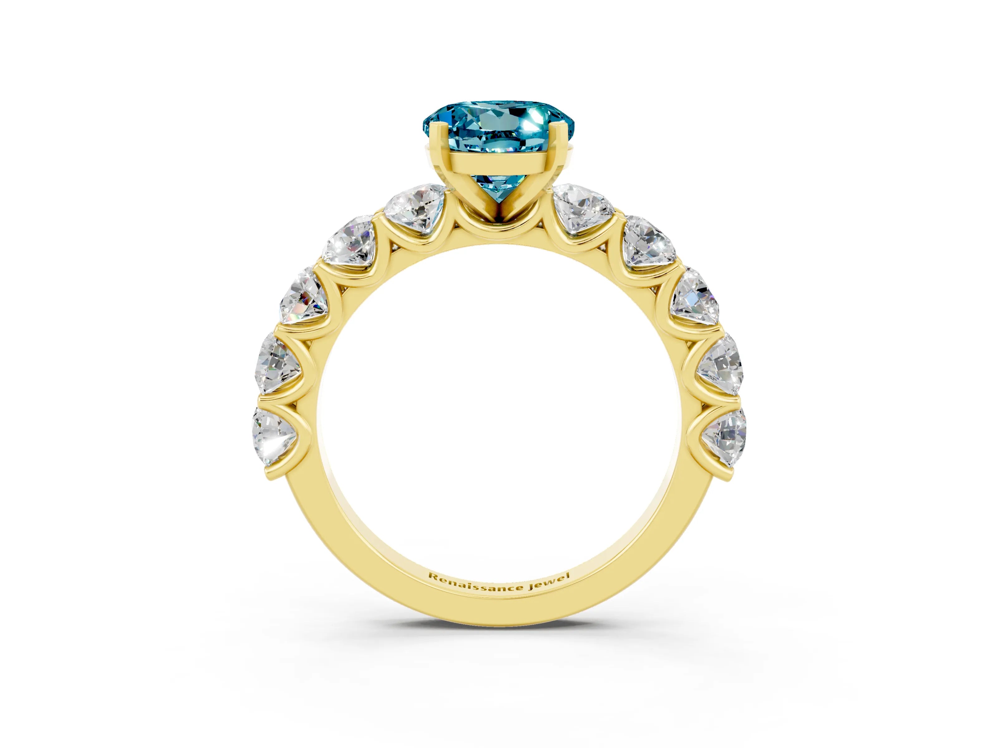Yellow gold Round Cut Blue Topaz Prong Setting with Side Stones on a Pave Band_3
