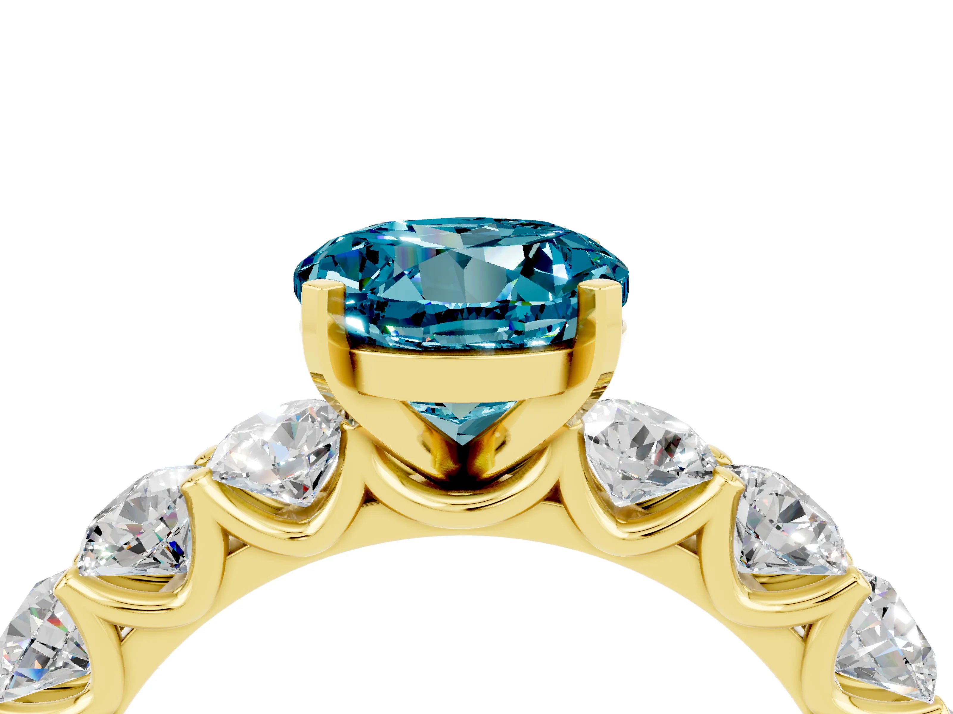 Yellow gold Round Cut Blue Topaz Prong Setting with Side Stones on a Pave Band_4
