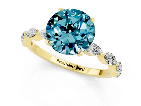 Yellow gold Round Cut Blue Topaz Ring with Marquise Side Stones and Prong Setting_1
