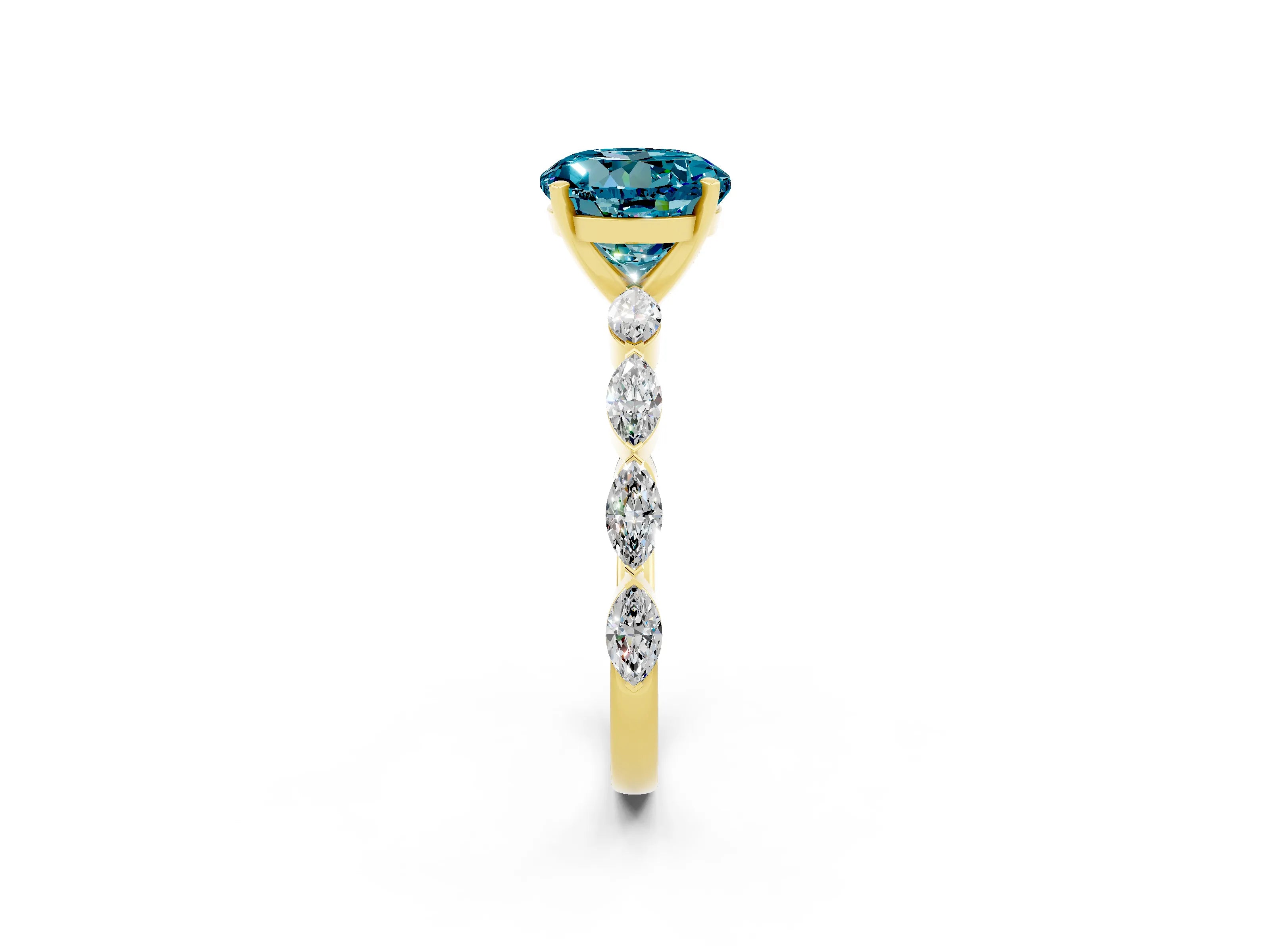 Yellow gold Round Cut Blue Topaz Ring with Marquise Side Stones and Prong Setting_2