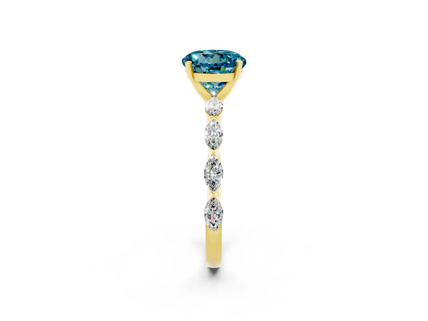 Yellow gold Round Cut Blue Topaz Ring with Marquise Side Stones and Prong Setting