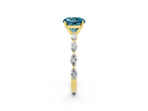 Yellow gold Round Cut Blue Topaz Ring with Marquise Side Stones and Prong Setting_2