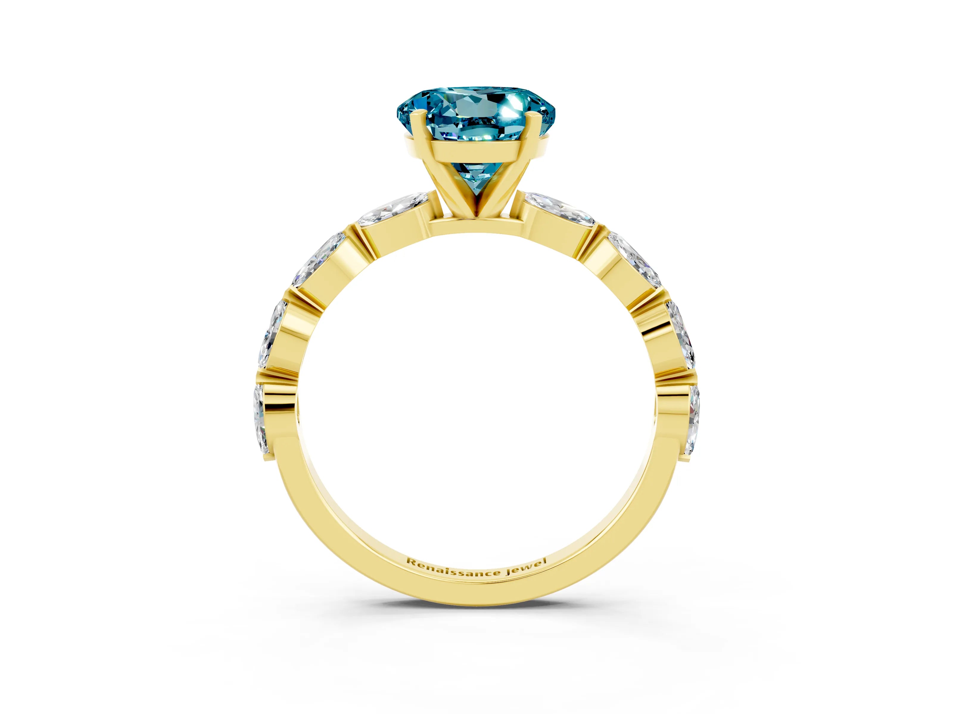 Yellow gold Round Cut Blue Topaz Ring with Marquise Side Stones and Prong Setting_3