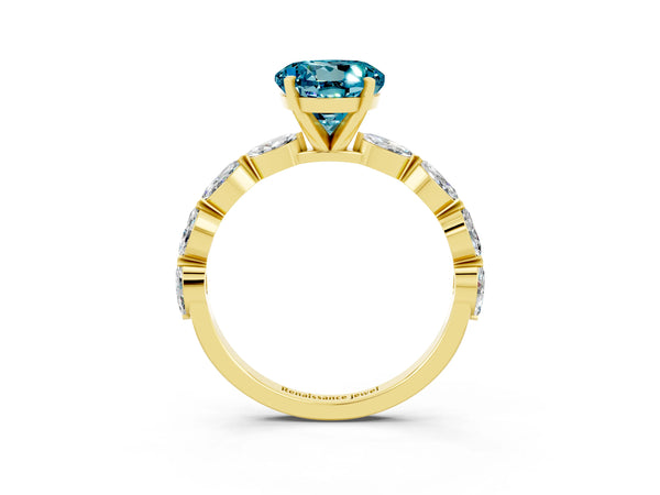 Yellow gold Round Cut Blue Topaz Ring with Marquise Side Stones and Prong Setting