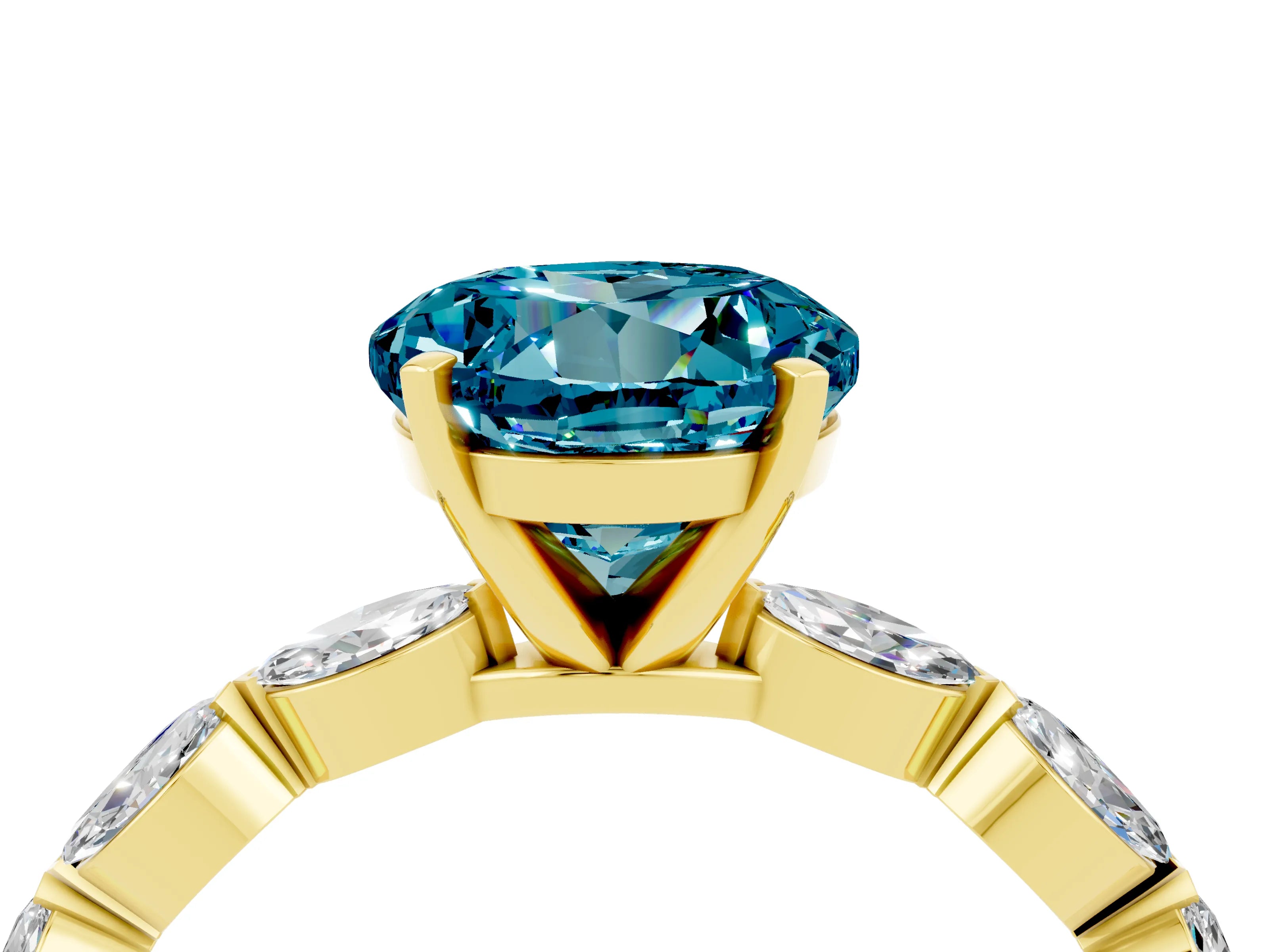 Yellow gold Round Cut Blue Topaz Ring with Marquise Side Stones and Prong Setting_4