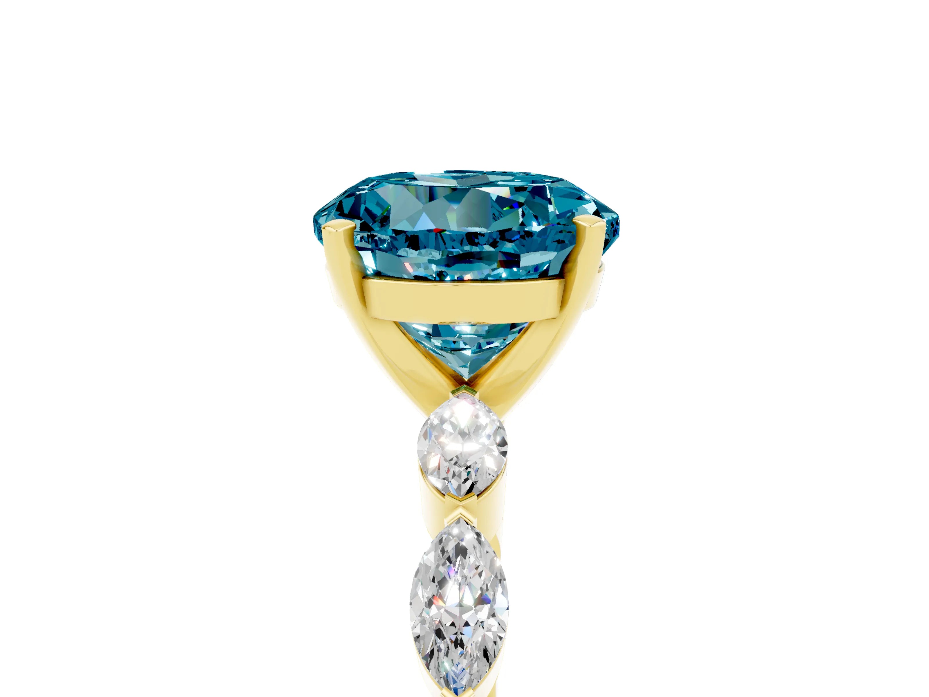 Yellow gold Round Cut Blue Topaz Ring with Marquise Side Stones and Prong Setting_5