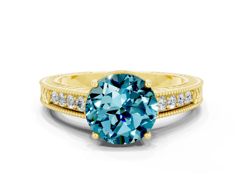 Yellow gold Round Cut Blue Topaz Ring with Milgrain Pavé Band and Four-Prong Setting_12