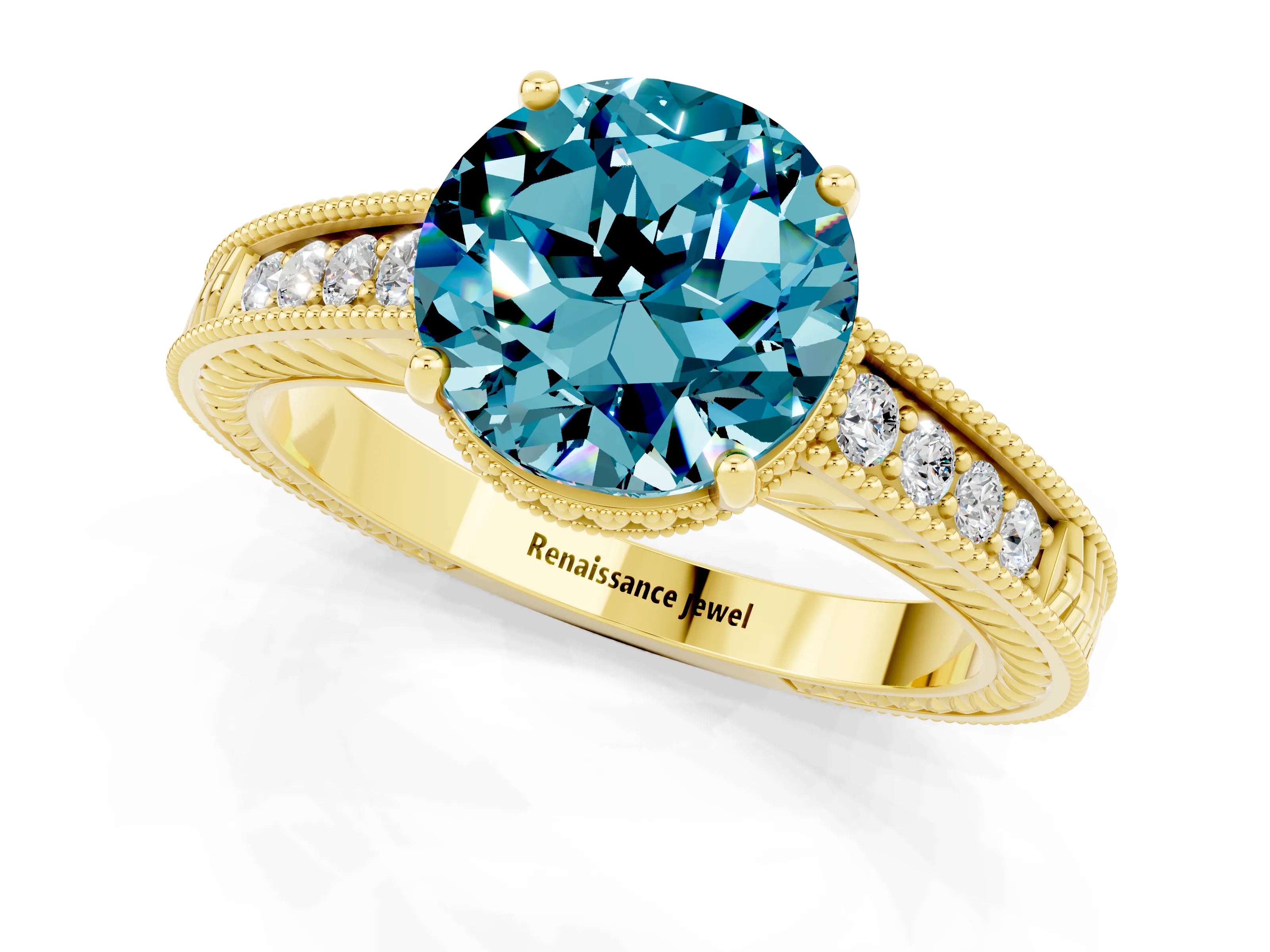 Yellow gold Round Cut Blue Topaz Ring with Milgrain Pavé Band and Four-Prong Setting_13