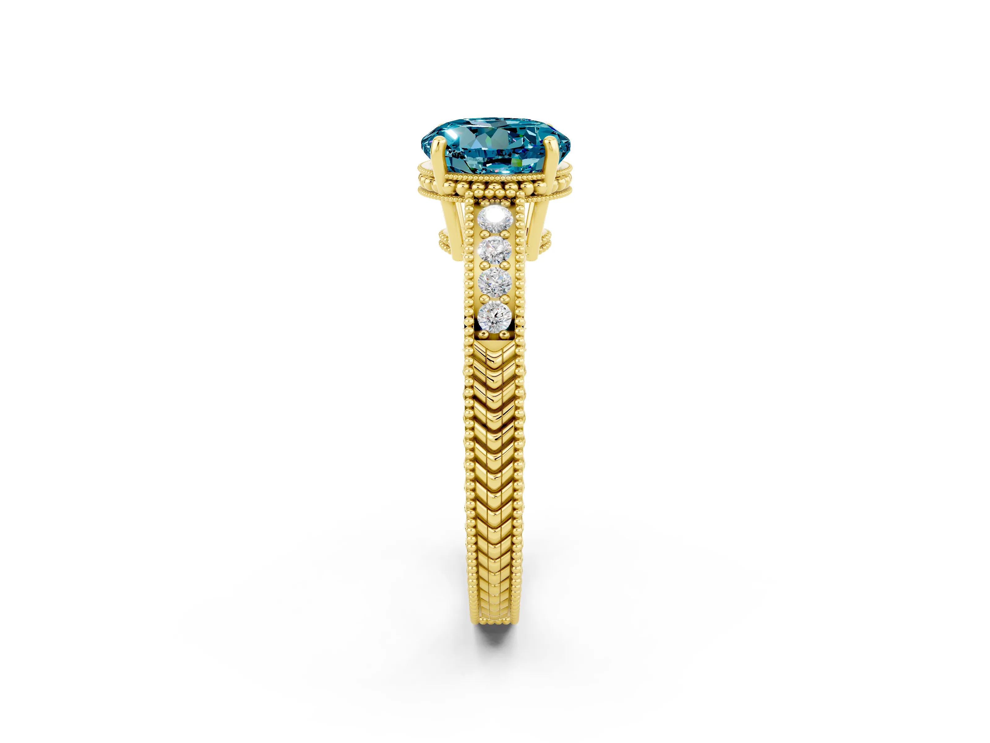 Yellow gold Round Cut Blue Topaz Ring with Milgrain Pavé Band and Four-Prong Setting_14