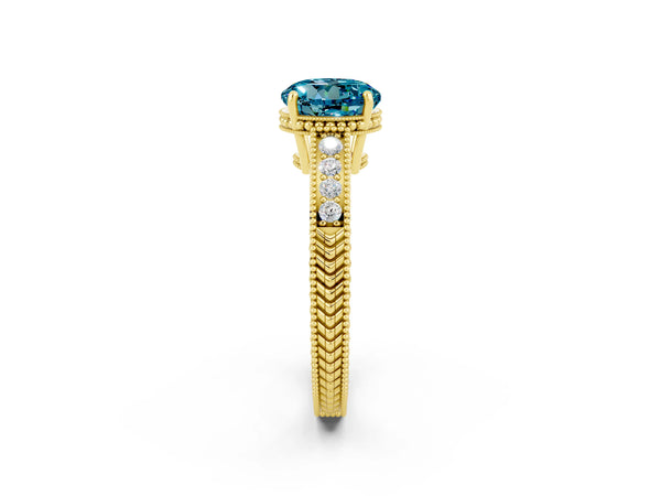 Yellow gold Round Cut Blue Topaz Ring with Milgrain Pavé Band and Four-Prong Setting