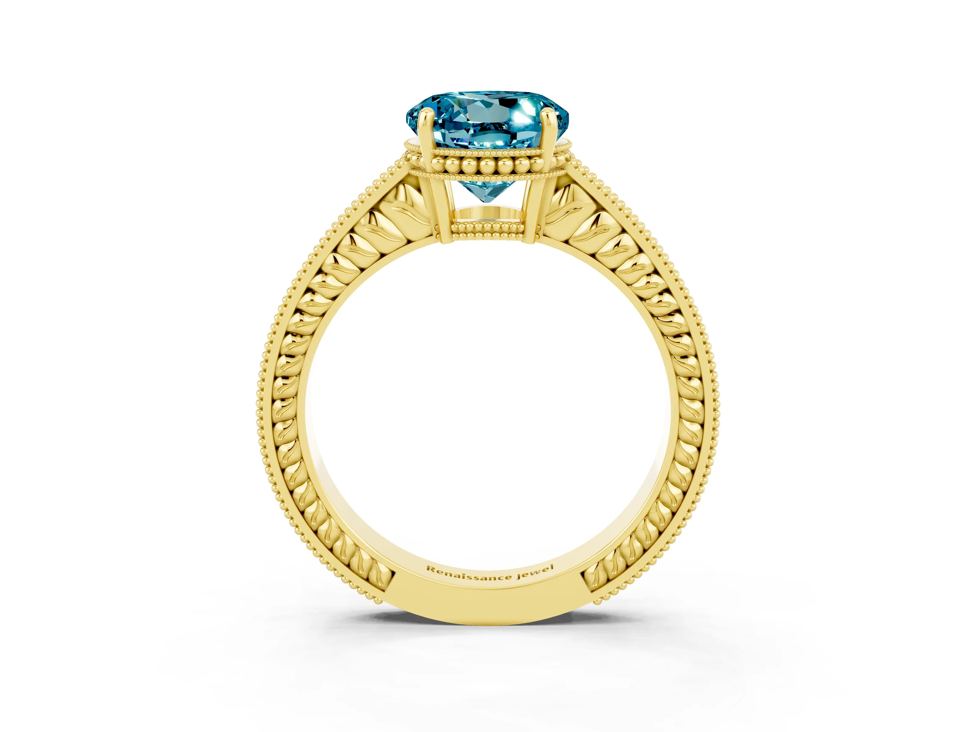 Yellow gold Round Cut Blue Topaz Ring with Milgrain Pavé Band and Four-Prong Setting_15