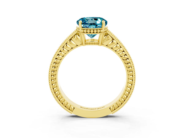 Yellow gold Round Cut Blue Topaz Ring with Milgrain Pavé Band and Four-Prong Setting