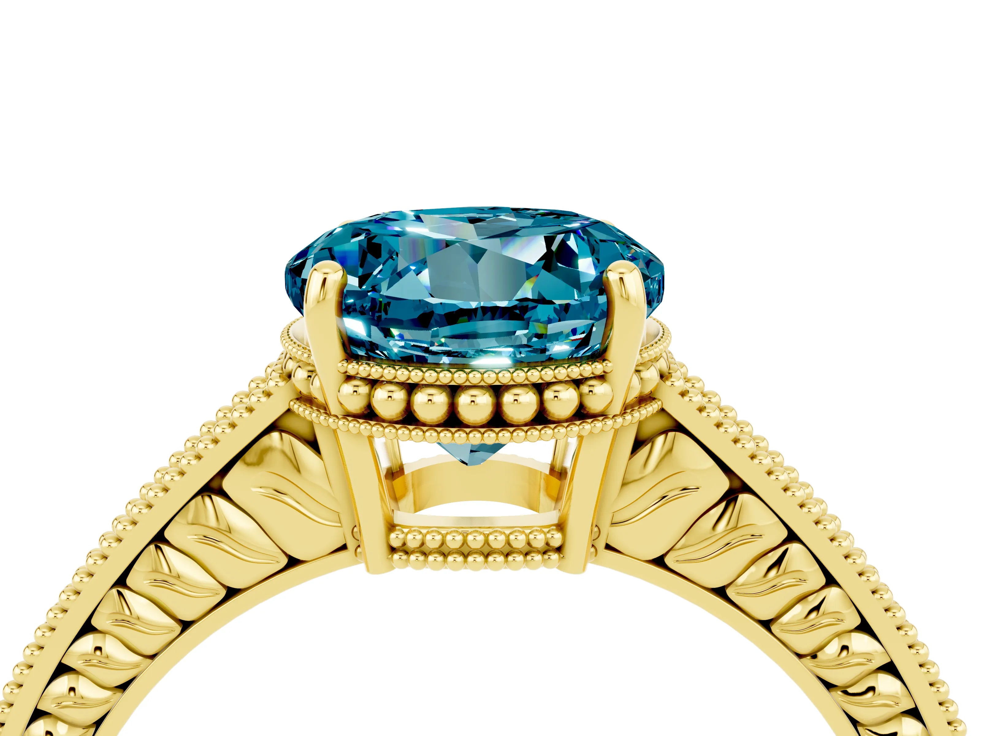 Yellow gold Round Cut Blue Topaz Ring with Milgrain Pavé Band and Four-Prong Setting_16