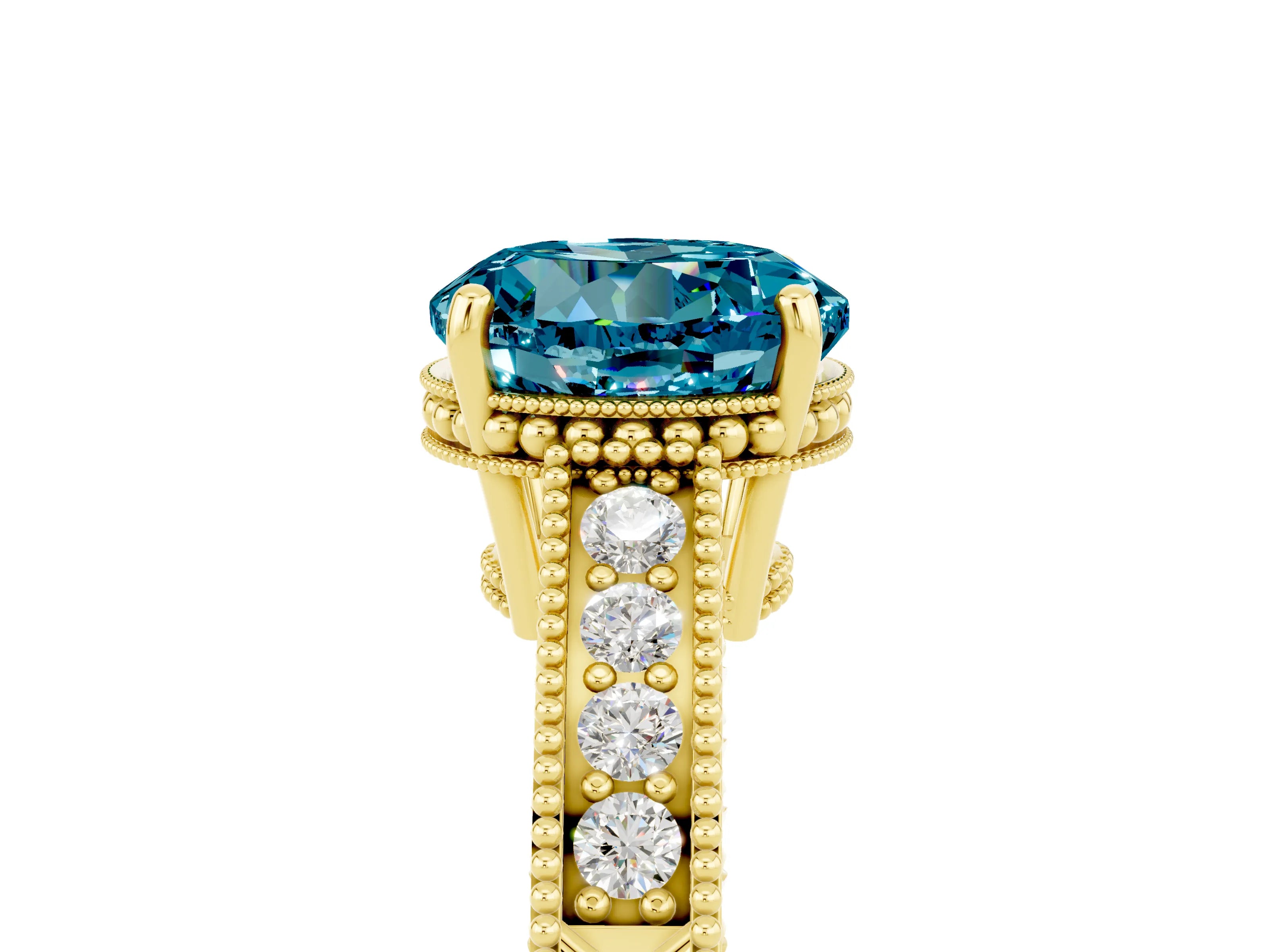 Yellow gold Round Cut Blue Topaz Ring with Milgrain Pavé Band and Four-Prong Setting_17