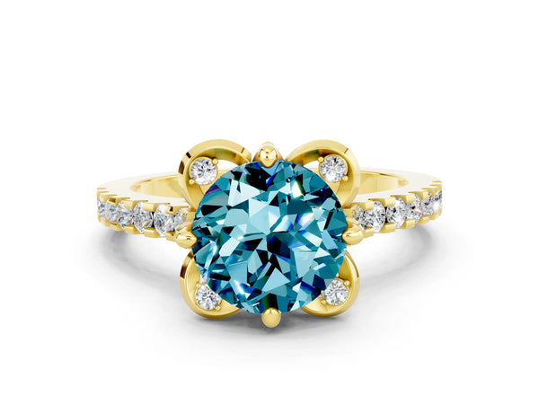 Yellow gold Round Cut Blue Topaz Ring with Pavé Band and Floral Prong Setting
