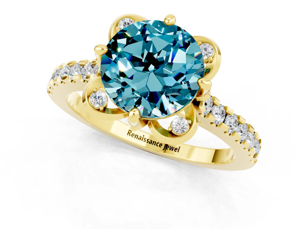 Yellow gold Round Cut Blue Topaz Ring with Pavé Band and Floral Prong Setting