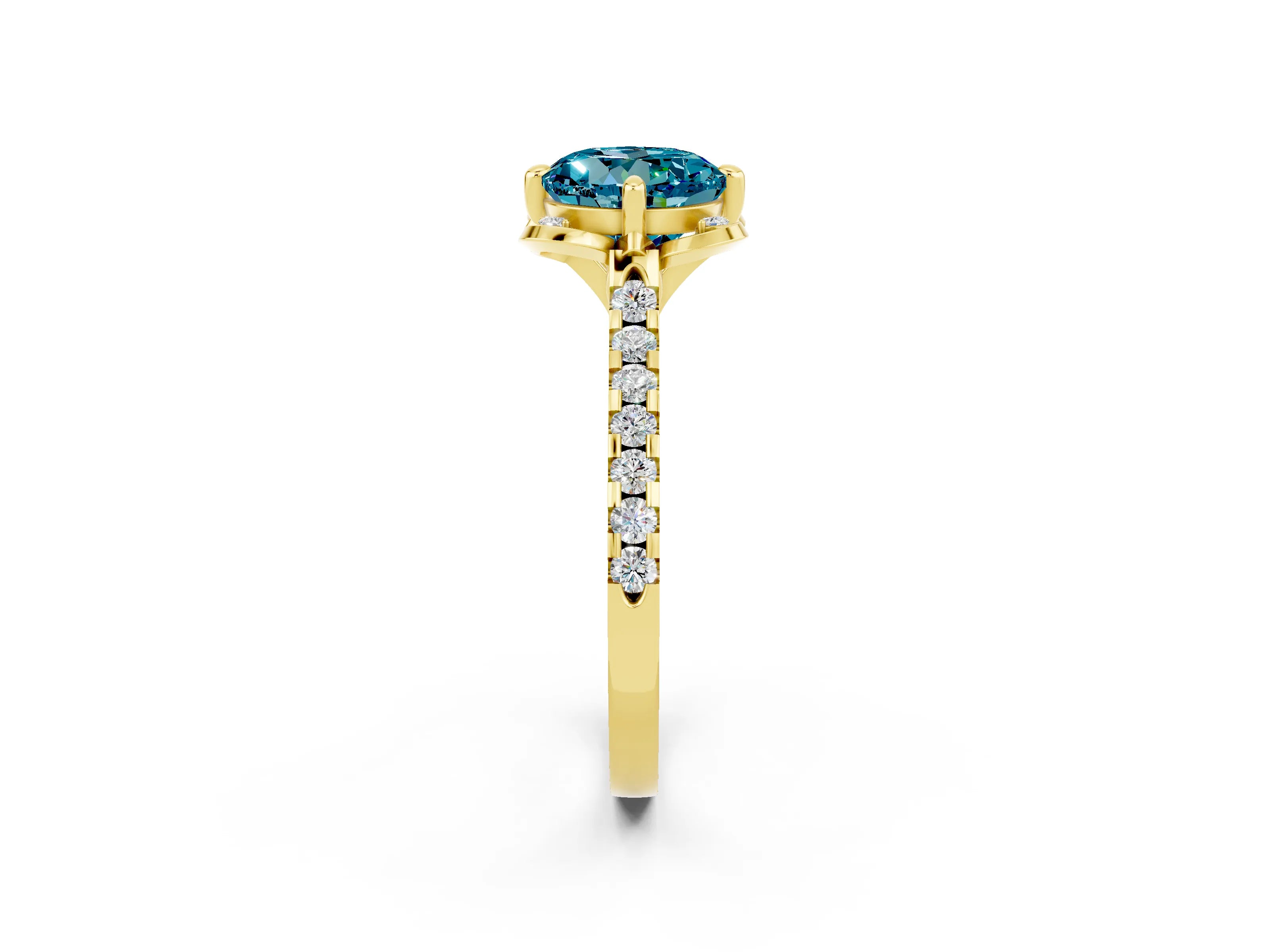 Yellow gold Round Cut Blue Topaz Ring with Pavé Band and Floral Prong Setting_2