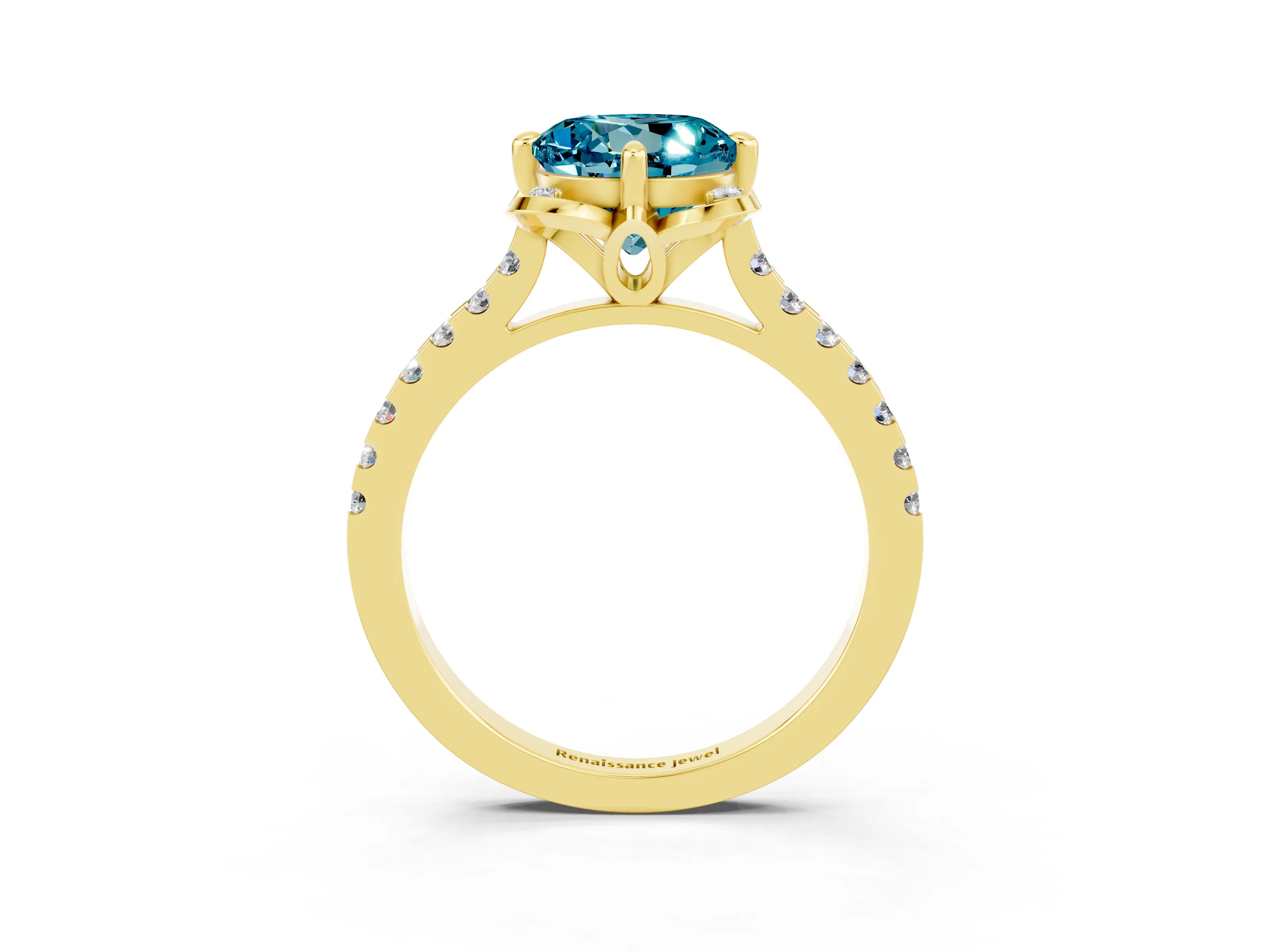 Yellow gold Round Cut Blue Topaz Ring with Pavé Band and Floral Prong Setting_3