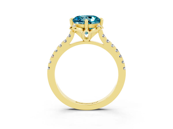 Yellow gold Round Cut Blue Topaz Ring with Pavé Band and Floral Prong Setting
