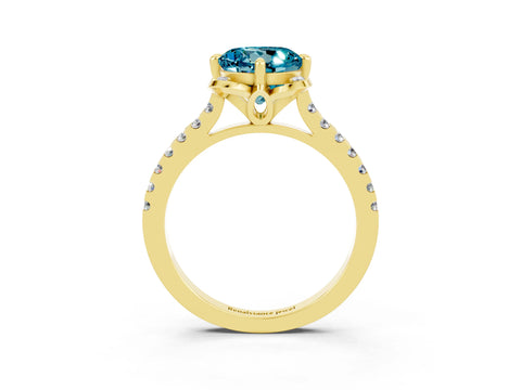Yellow gold Round Cut Blue Topaz Ring with Pavé Band and Floral Prong Setting_3