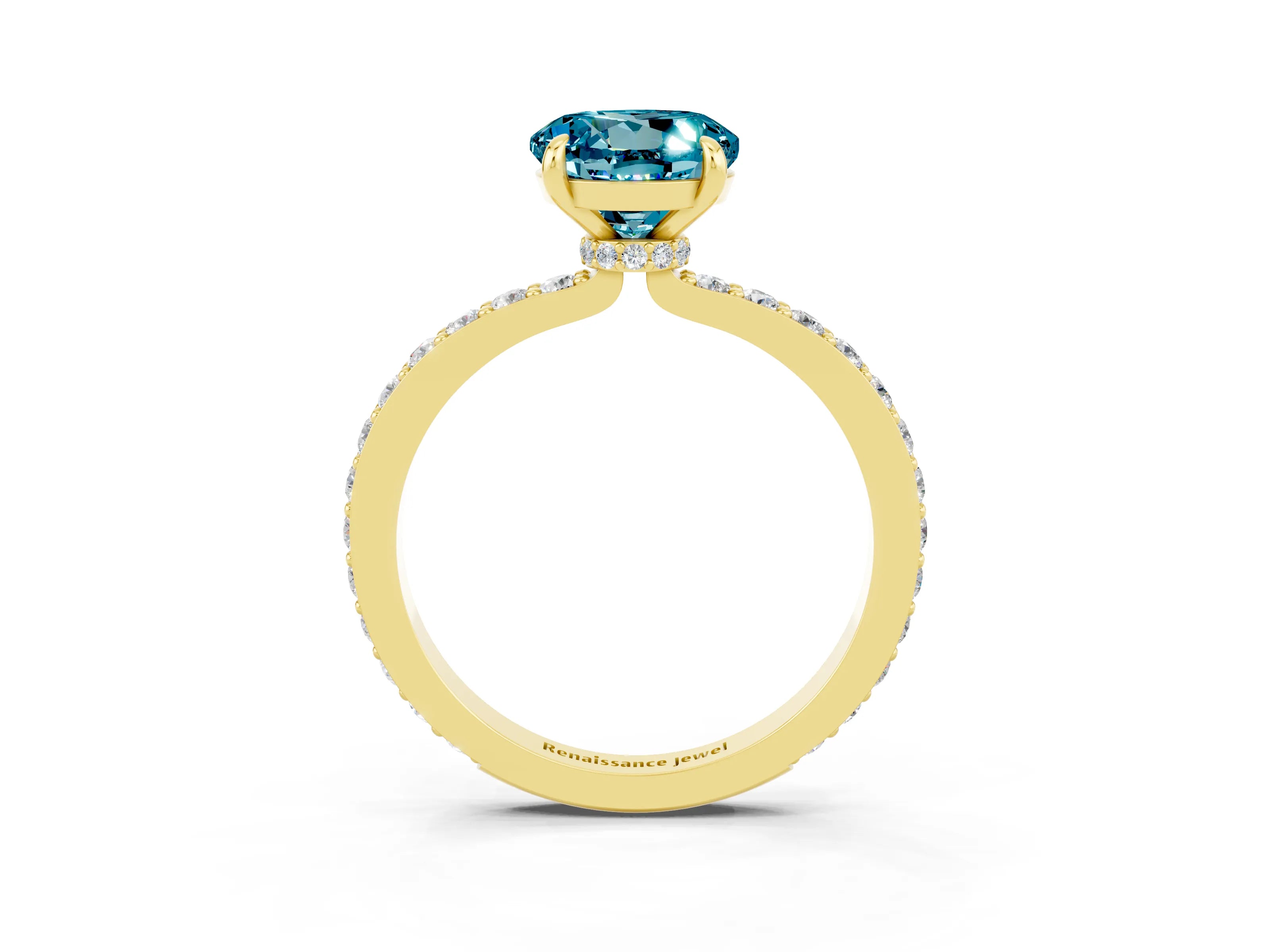 Yellow gold Round Cut Blue Topaz Ring with Pavé Band and Four-Prong Setting_3