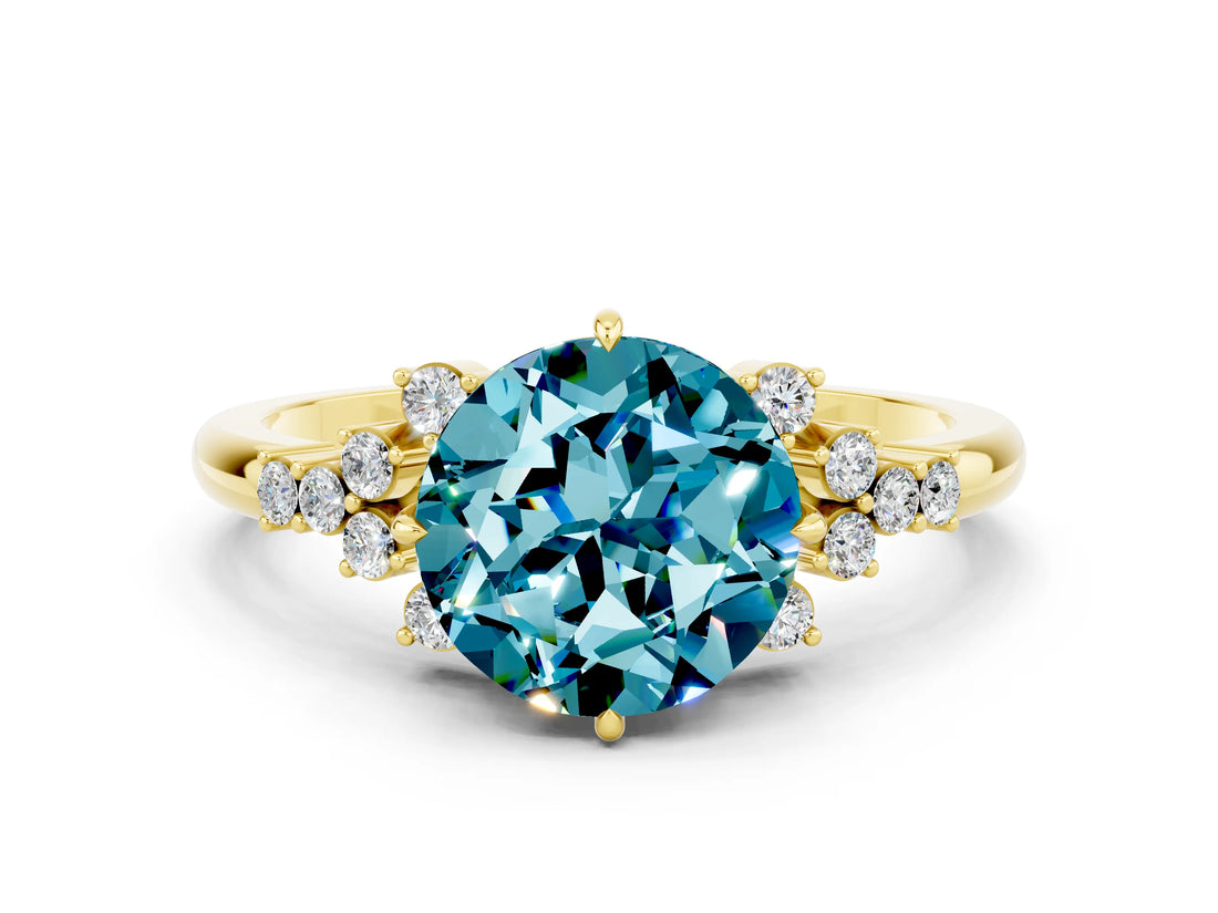 Yellow gold Round Cut Blue Topaz Ring with Side Stones and Four-Prong Setting_36