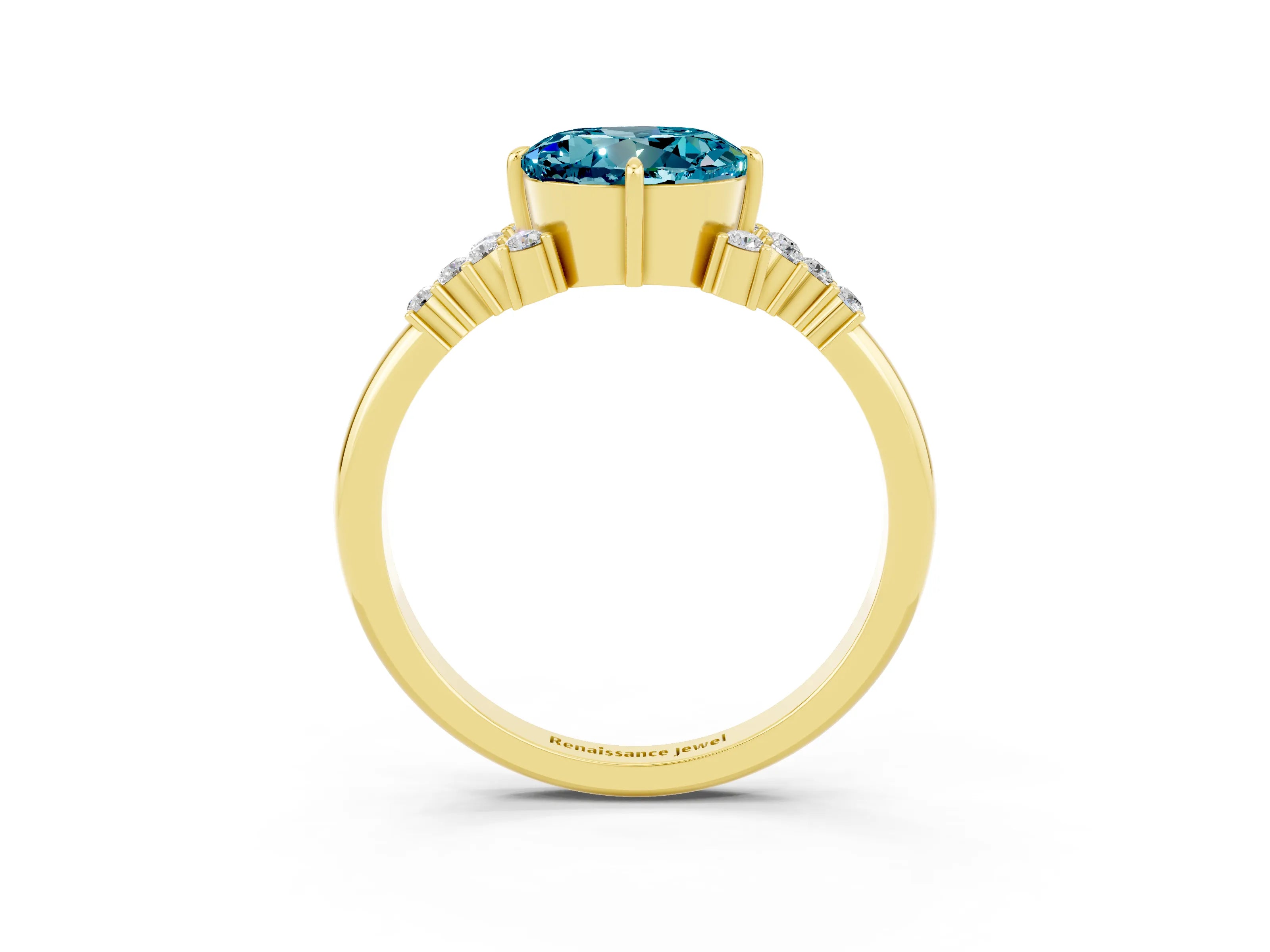 Yellow gold Round Cut Blue Topaz Ring with Side Stones and Four-Prong Setting_39