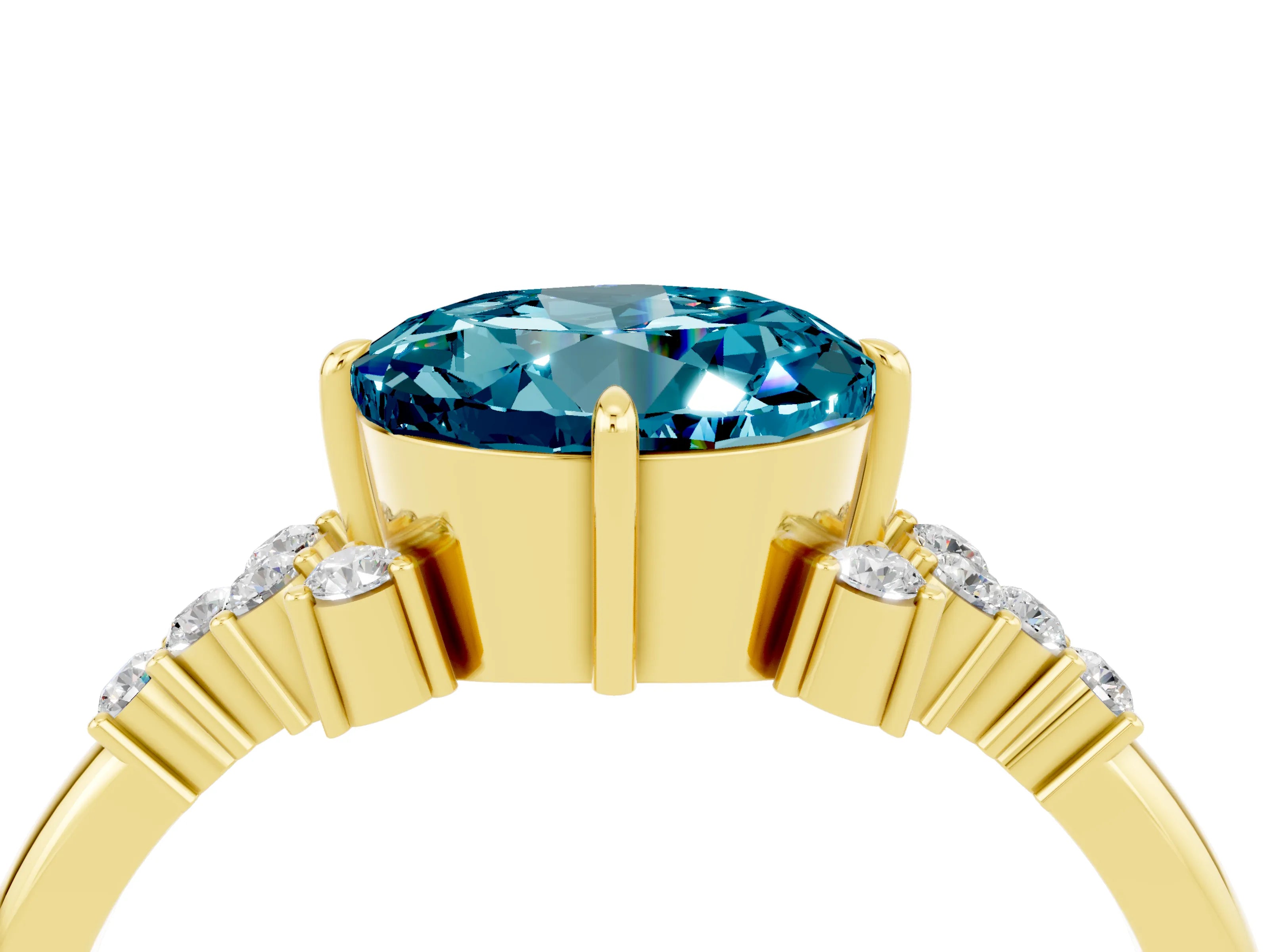 Yellow gold Round Cut Blue Topaz Ring with Side Stones and Four-Prong Setting_40