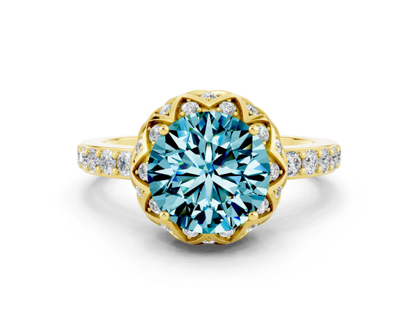 Yellow gold Round Cut Blue Topaz Scalloped Halo Engagement Ring with Round Shared Prong Band