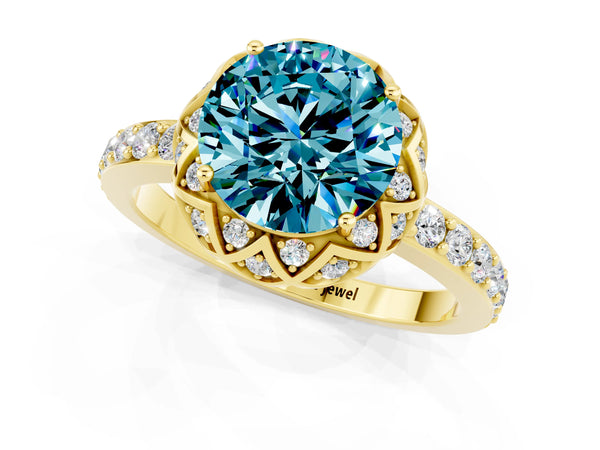 Yellow gold Round Cut Blue Topaz Scalloped Halo Engagement Ring with Round Shared Prong Band