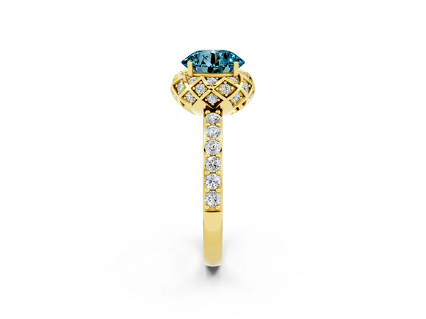 Yellow gold Round Cut Blue Topaz Scalloped Halo Engagement Ring with Round Shared Prong Band